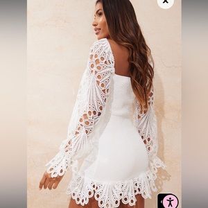 White Lace Sleeve Shirred Bodycon Dress